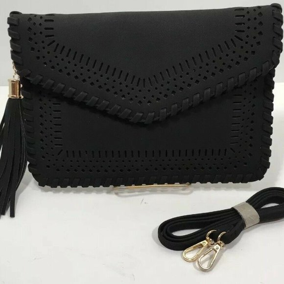 Black Perforated Clutch Handbag Purse Tassel Strap - Picture 1 of 7